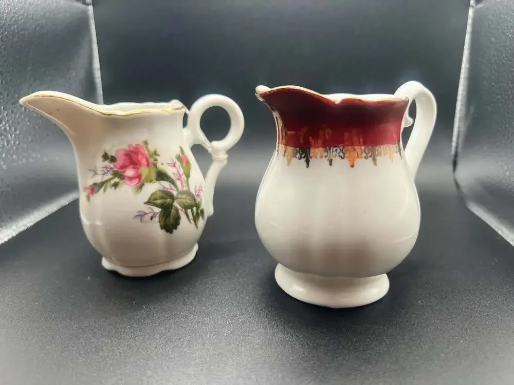 Vintage Japanese Porcelain Floral and Red-Gold Trim Creamer Pitchers (Set of 2)